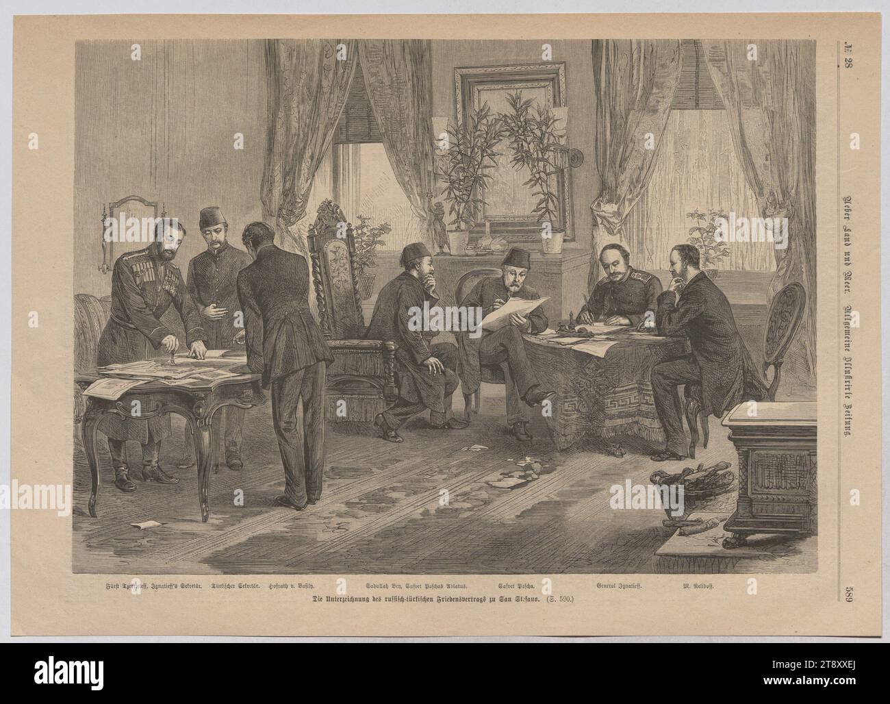 La signature du traité de paix russo-turc à San Stefano.', Inconnu, 1877-1878, papier, gravure sur bois, hauteur 26, 9 cm, largeur 37, 6 cm, Guerre et événements de guerre, Beaux-Arts, médias et communication, domaine Constantin von Wurzbach, architecture civique ; édifices ; habitations - AA - architecture civique : intérieur, hebdomadaire, mensuel, magazine, etc., intérieur  représentation d'un bâtiment, la collection Vienne Banque D'Images