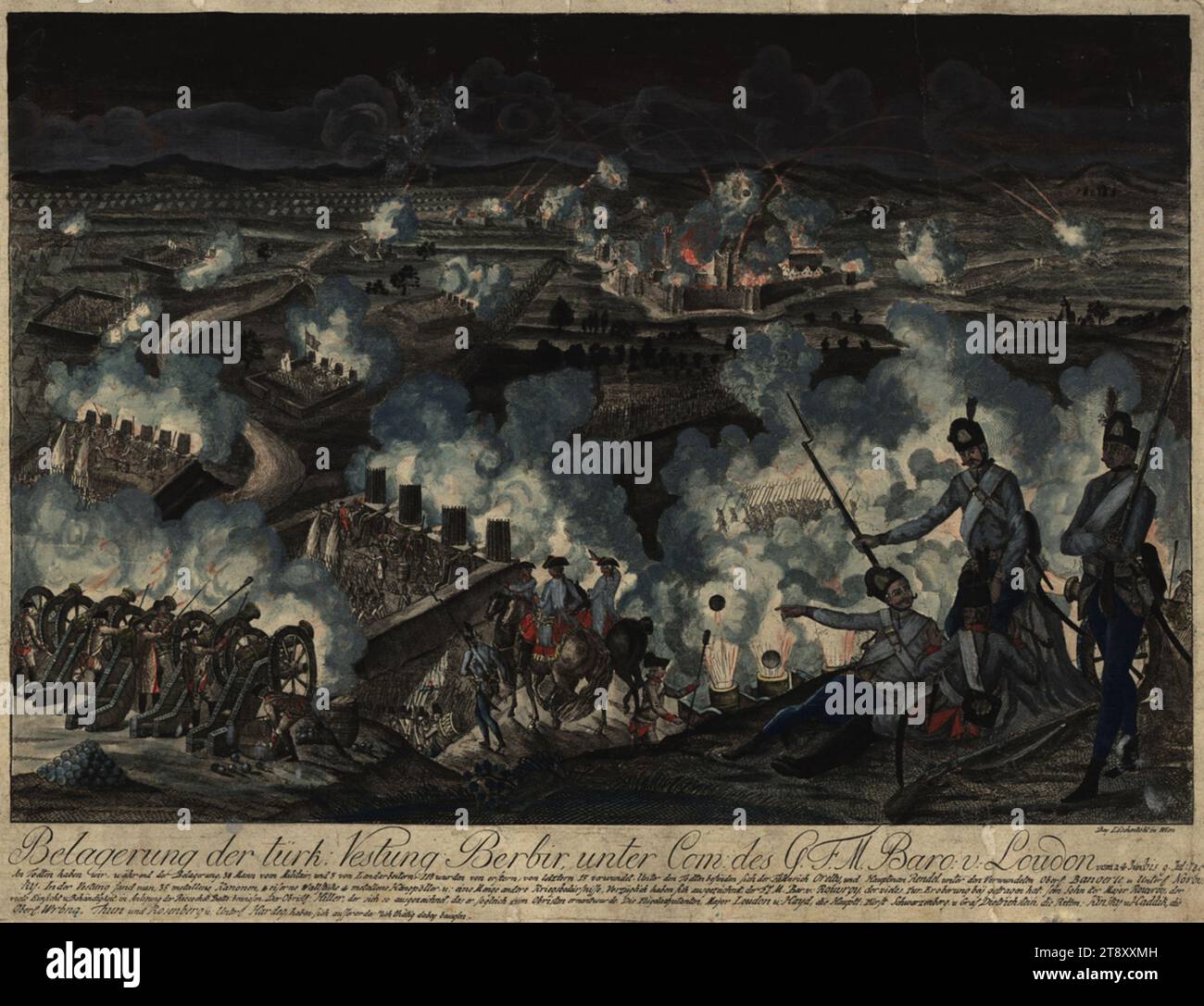 Le siège et la conquête de la forteresse de Berbir (Turque Gradiska) sous le commandement du maréchal Laudon du 23 juin au 9 juillet 1789, Johann Hieronymus Löschenkohl (1753-1807), maison d'édition, 1789, papier, coloré, gravure sur cuivre, taille de feuille 31, 5×40, 5 cm, Inscription, u. Siège de la forteresse turque de Berbir, sous le commandement de G. F. M. Baro c. Loudon du 24 juin au 9 juillet 789, avec description détaillée, Guerre et événements de guerre, militaire, Beaux-Arts, bataille, combats en général, bombardement, forteresse, fumée., la collection Vienne Banque D'Images
