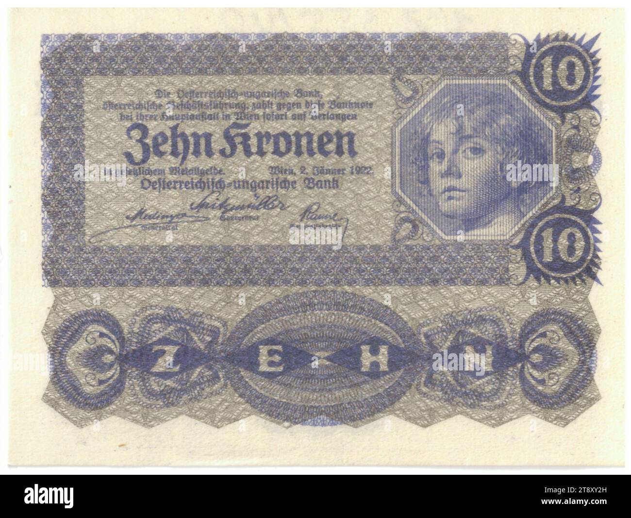 Billet de banque, 10 couronnes, Rudolf Rössler (1864-1934), artiste, Rudolf Junk (1880-1943), artiste, Österreichisch-ungarische Bank Österreichischer Geschäftsführung, Mint Authority, 02.01.1922, papier, imprimerie, largeur 94 mm, hauteur 70 mm, monnaie, Vienne, territoire de la monnaie, Autriche, 1e République (1918-1933), la première République, Finances, billet de banque, l'argent, la collection Vienne Banque D'Images