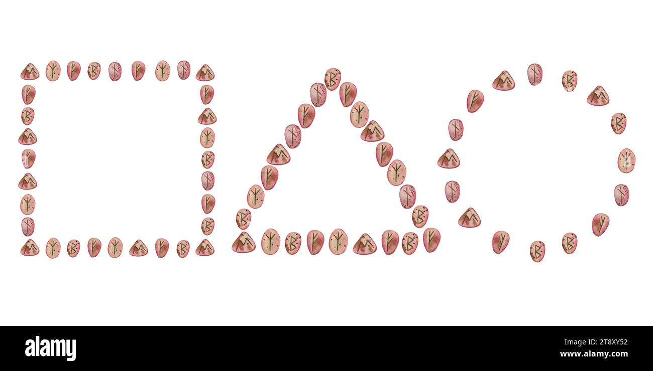 Ensemble d'illustrations à l'aquarelle. Runes peintes sur pierres roses et disposées en motifs géométriques. Carré, cercle, triangle. Convient à l'impression Banque D'Images
