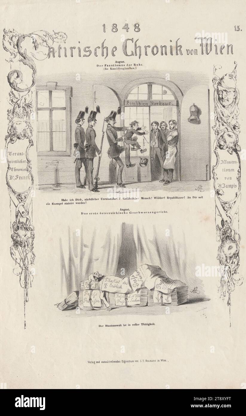 Août, le fanatisme du calme. (Dans le Komödiengässchen.) - Août, Das erste Österreichische Geschwornengericht.» (No 15 de la série '1848, Satirische Chronik von Wien'), Franck, auteur, Anton Zampis (1820-1883), lithographe, Johann Höfelich (1796-1849), Imprimeur, Leopold Theodor Neumann (1804-1876), éditeur, 1848, papier, lithographie à la craie, hauteur 44, 5 cm, largeur 29, 4 cm, caricature, satire, révolutions de 1848, 1849, collection de Vienne Banque D'Images