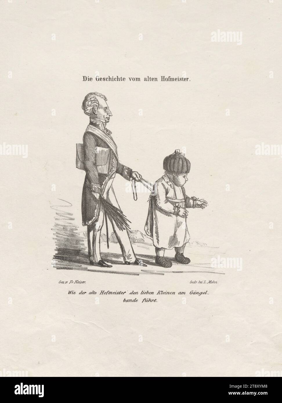 Comment le vieux maître de cour mène le cher petit à la Gängel-, bande.' (N° 2 de la série 'Die Geschichte vom alten Hofmeister.') (Satire sur la politique de Metternich), Friedrich Kaiser, lithographe, Ludwig Mohn (1797-1857), Imprimeur, 1848, papier, lithographie à la craie, hauteur 34, 3 cm, largeur 26, 3 cm, politique, révolutions de 1848, 1849, caricature, satire, pré-mars, Biedermeier, politicien, la collection Vienne Banque D'Images