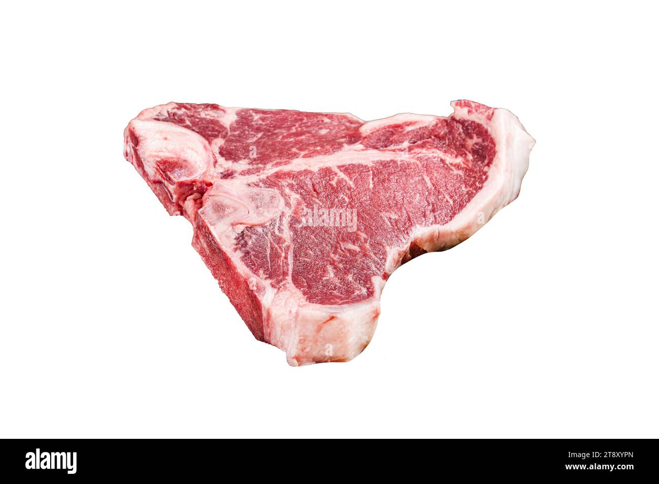 Viande de bœuf marbrée crue fraîche en T-bone Steak sur un plateau en acier Isolé, fond blanc Banque D'Images