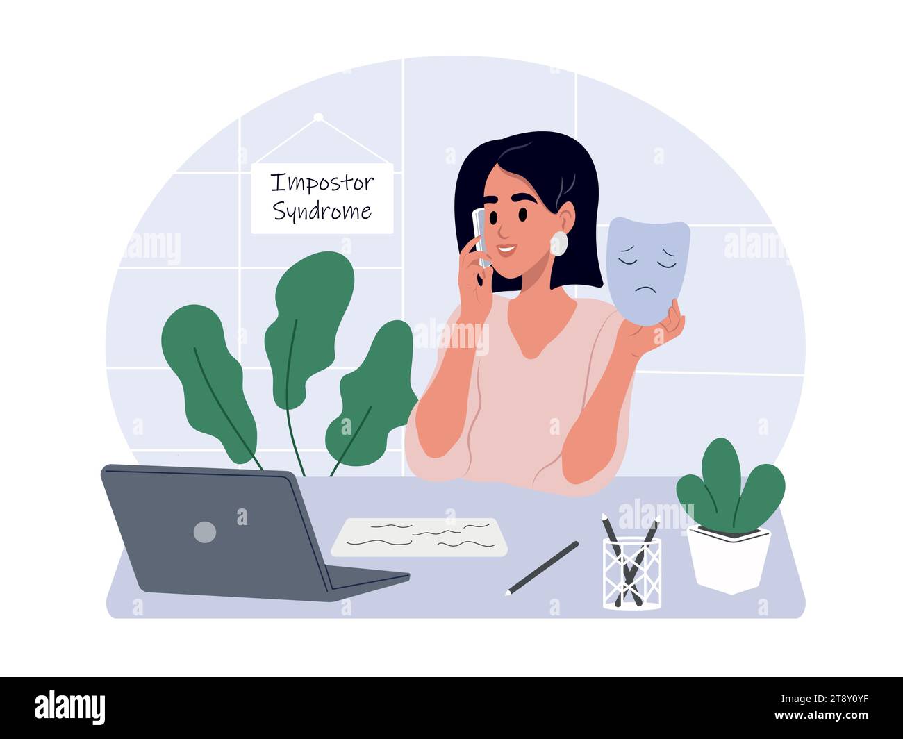 Une femme atteinte du syndrome de l'imposteur travaille dans un bureau Illustration de Vecteur