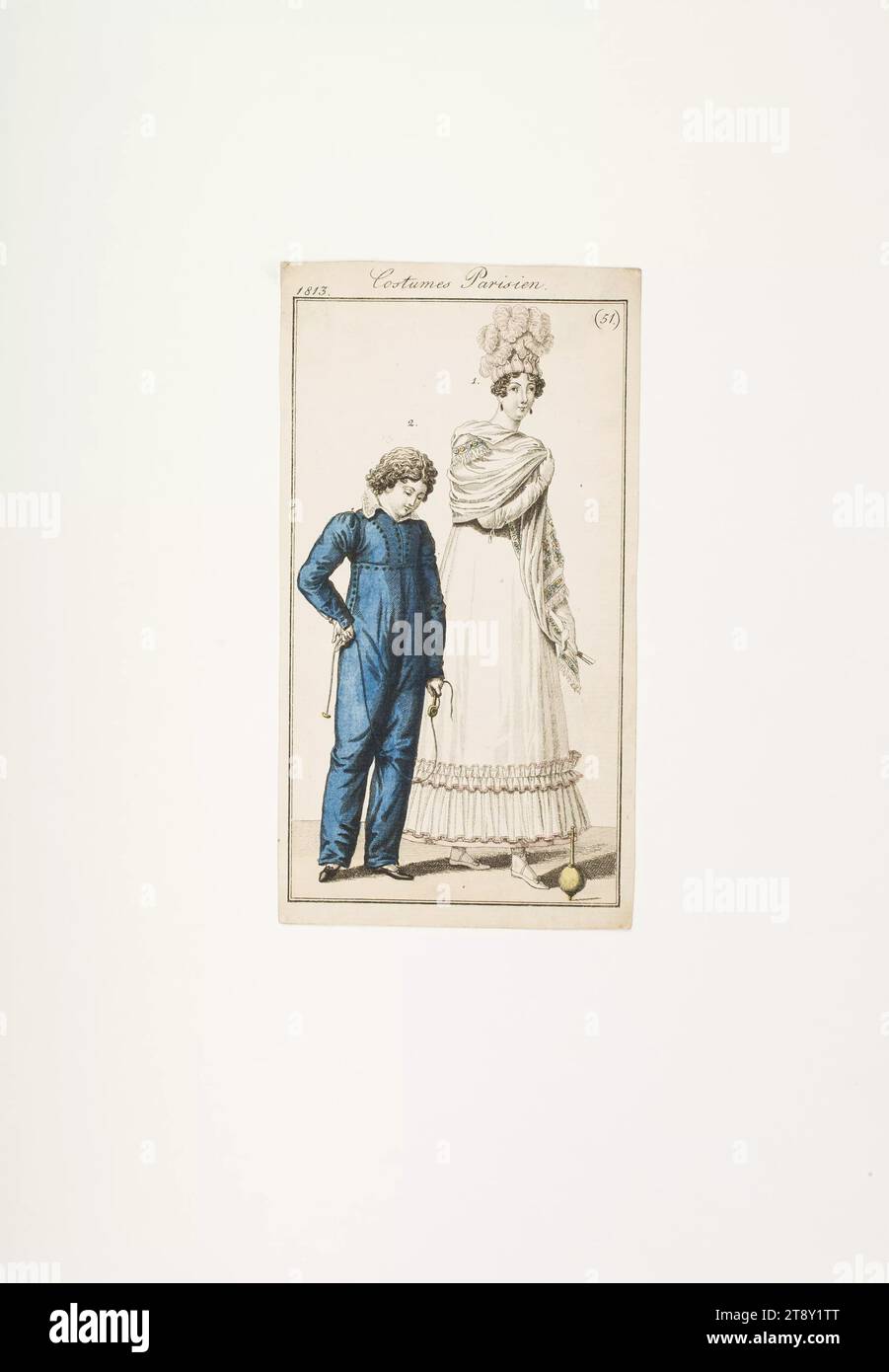 Photo de mode : 'French lady with boys and spinning top', Inconnu, 1813, papier, colorisé, gravure sur cuivre, hauteur 17, 5 cm, largeur 9, 5 cm, taille de plaque 16×8, 7 cm, mode, bourgeoisie, assiettes mode, casque, femme, robe, robe, collection Vienna Banque D'Images