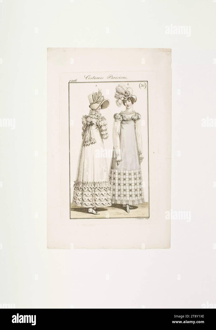 Photo de mode : 'deux femmes françaises avec chapeau de paille italien et chapeau de satin avec plumes', Inconnu, 1816, papier, colorisé, gravure sur cuivre, hauteur 21, 9 cm, largeur 13, 5 cm, plaque taille 15×8, 6 cm, mode, bourgeoisie, Biedermeier, assiettes de mode, équipement de tête, femme, robe, robe, la collection Vienne Banque D'Images