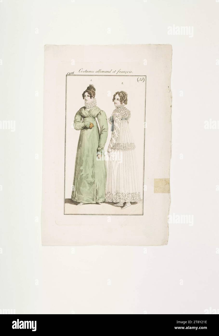 Photo de mode : 'Femme française avec coiffure tresse et robe verte, femme viennoise en élégant costume matinal', Inconnu, 1816, papier, colorisé, gravure sur cuivre, hauteur 21, 6 cm, largeur 13, 6 cm, plaque taille 15×8, 5 cm, mode, bourgeoisie, Biedermeier, assiettes de mode, équipement de tête, femme, robe, robe, la collection Vienne Banque D'Images