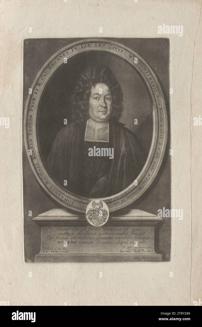 JOHANNES MICHAEL RÜCKER PASTEUR PRIM. CAP. ET R. DECANUS DANS LIB. IMP. PARE-BRISE. Natus Rotenb. A : 1653. d. 6 oct. Sculpt. A : 1711. (...)', Johann Christoph Weigel l'ancien. (1654-1725), artiste mezzotinte, date avant 1725, papier, mezzotinte, hauteur 36,7 cm, largeur 31,7 cm, dimensions de l'assiette 32.1×21 cm, Inscription, 'offert devotissimus Chr. Weigelius.', 'Norimb : d. 26. Jan : A. C. CICICCXI.', Beaux-Arts, domaine Constantin von Wurzbach, portrait, homme, armoiries (symbole de l'État, etc.)., The Vienna Collection Banque D'Images