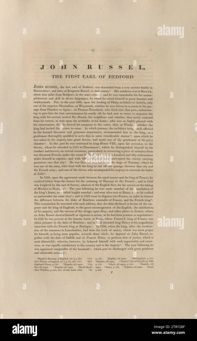 JOHN RUSSEL, THE FIRST EARL OF BEDFORD. », Thomas Birch (1705-1766), auteur, 1813, papier, impression, hauteur 50, 4 cm, largeur 32, 5 cm, aristocratie, domaine Constantin von Wurzbach, biographie (texte), The Vienna Collection Banque D'Images