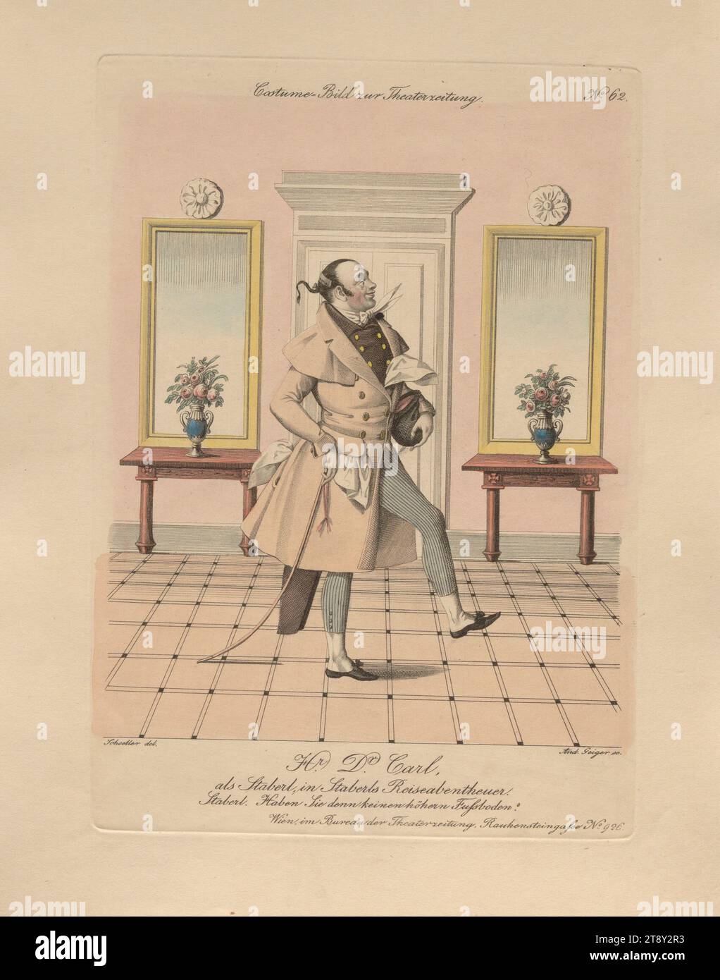 HR. Dr. Carl comme Staberl dans 'Staberls Reiseabentheuer' (photo de costume n ° 62 pour le Theaterzeitung), Andreas Geiger (1765-1856), graveur sur cuivre, 1838, colorisé, gravure sur cuivre, taille de feuille 29, 6×23, 5 cm, Théâtre, arts de la scène, Beaux-Arts, acteur (sur scène), Carl Carl Carl (Karl Andreas von Bernbrunn), The Vienna Collection Banque D'Images