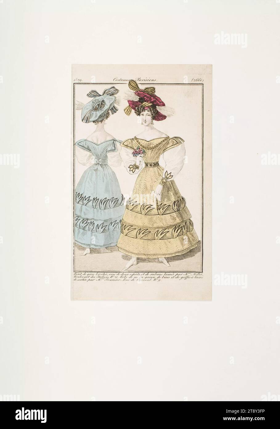 Image de mode : deux dames en moiré( ) robes en jaune et bleu avec manches jambon, Inconnu, 1829, papier, colorisé, gravure sur cuivre, hauteur 19, 8 cm, largeur 12 cm, taille de plaque 17, 5×11 cm, mode, bourgeoisie, Biedermeier, assiettes mode, casque, femme, robe, robe, collection Vienna Banque D'Images