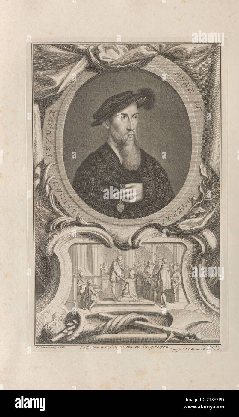 EDWARD SEYMOUR DUKE OF SOMMERSETt', Jakob Houbraken (1698-1780), graveur sur cuivre, 1738, papier, gravure sur cuivre, hauteur 49, 8 cm, largeur 32, 2 cm, plaque taille 37, 5×23, 7 cm, Inscription, 'J. Houbraken Sculps. Amst.", "dans la collection de la RT. Hon : le comte de Hertford.', 'Holbein pinx.', 'Impensis J. & P. Knapton Londini 1738.', Beaux-Arts, aristocratie, domaine Constantin von Wurzbach, homme, portrait., The Vienna Collection Banque D'Images