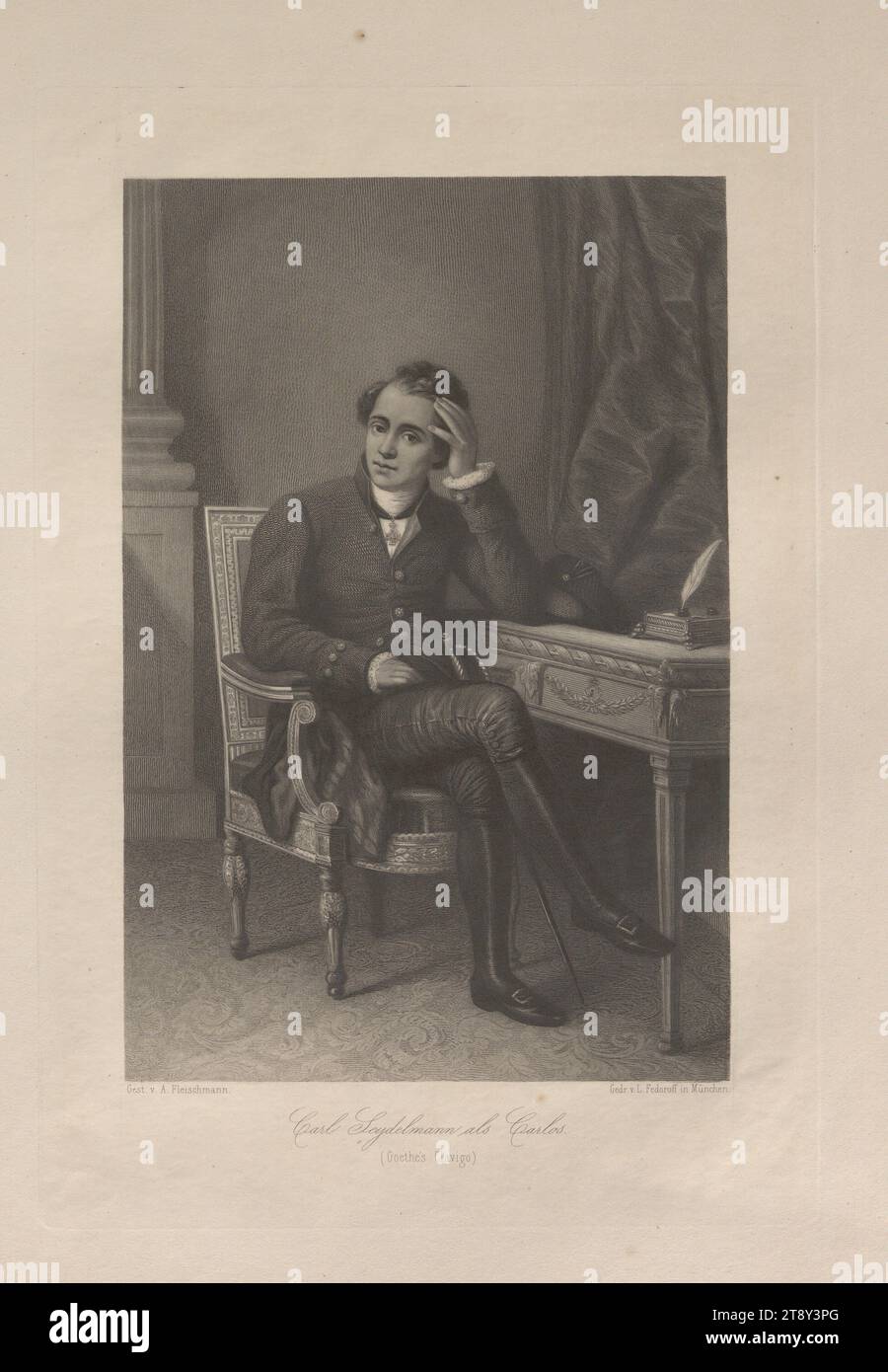 Carl Seydelmann : Carlos. (Goethe's Clavigo)', Johann Andreas Fleischmann (1811-1878), graveur sur cuivre, date avant 1878, papier, gravure sur cuivre, hauteur 39, 4 cm, largeur 28 cm, taille de plaque 32, 2×22, 1 cm, Inscription, Gest. V. A. Fleischmann.', 'Gedr. V. L. Fedoroff in München.', Beaux-Arts, Théâtre, Arts du spectacle, domaine Constantin von Wurzbach, portrait, homme, portrait d'acteur, actrice, acteur (sur scène), The Vienna Collection Banque D'Images