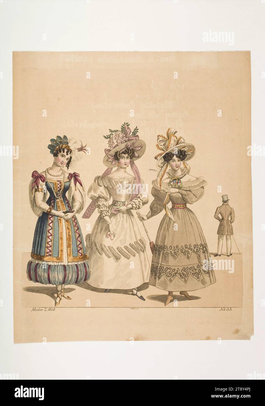 Photo de mode : quatre figures, un costume d'homme, deux robes de promenade, une robe de bal fantaisie anglaise, Inconnu, 1828, papier, coloré, gravure sur cuivre, hauteur 26 cm, largeur 20, 5 cm, taille de la plaque 23×19, 8 cm, mode, bourgeoisie, Biedermeier, fêtes et célébrations publiques, danse, vie nocturne, costumes, planches de mode, articles de chapellerie, vêtements pour occasions officielles, robe, robe : robe de bal, dandy, beau, manteau, femme, homme, robe, robe, la collection Vienne Banque D'Images