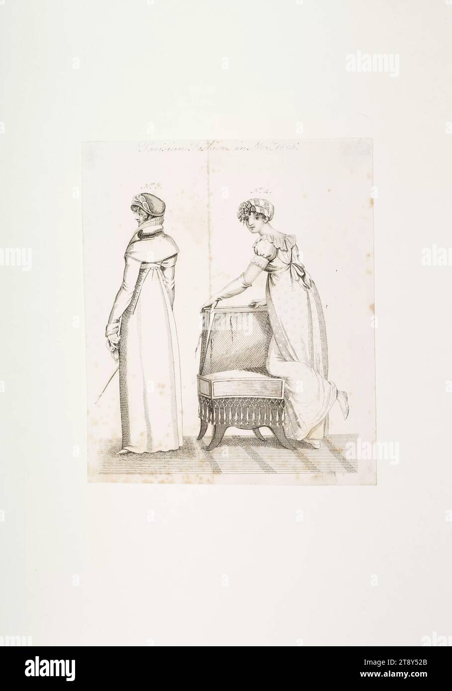 Photo de mode : deux figures, mode féminine, mode parisienne, inconnu, 1806, papier, gravure sur cuivre, taille de plaque 18, 1×15, 2 cm, mode, bourgeoisie, planches de mode, coiffures, femme, robe, robe, la collection Vienna Banque D'Images