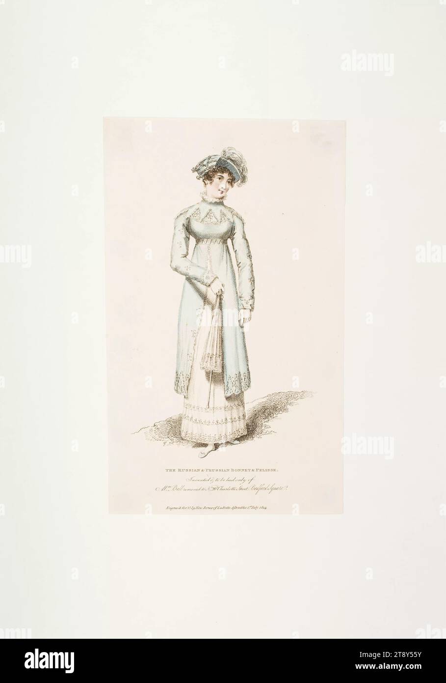 Photo de mode : une figure, Russ. Et Pruss. Capuchon et pardessus, Inconnu, 1814, papier, coloré, gravure sur cuivre, taille de plaque 20, 8×12, 5 cm, mode, bourgeoisie, Biedermeier, assiettes de mode, coiffe, manteau, femme, robe, robe, la collection Vienne Banque D'Images