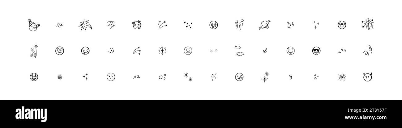 Jolies lignes doodle éléments de mouvement, étoiles, feu d'artifice et émoticônes. Illustration vectorielle de fête de chid et d'enfants. Style comique manga japonais Illustration de Vecteur