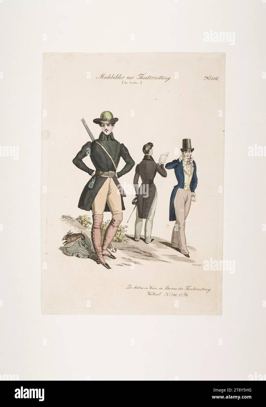 Photo de mode : trois figures, un costume de chasse de gentleman, deux costumes de gentleman, Inconnu, 1832, papier, coloré, gravure sur cuivre, hauteur 23, 2 cm, largeur 16, 1 cm, taille de plaque 22, 5×15, 4 cm, mode, bourgeoisie, Biedermeier, assiettes de mode, coiffures, dandy, beau, manteau, homme, la collection Vienne Banque D'Images