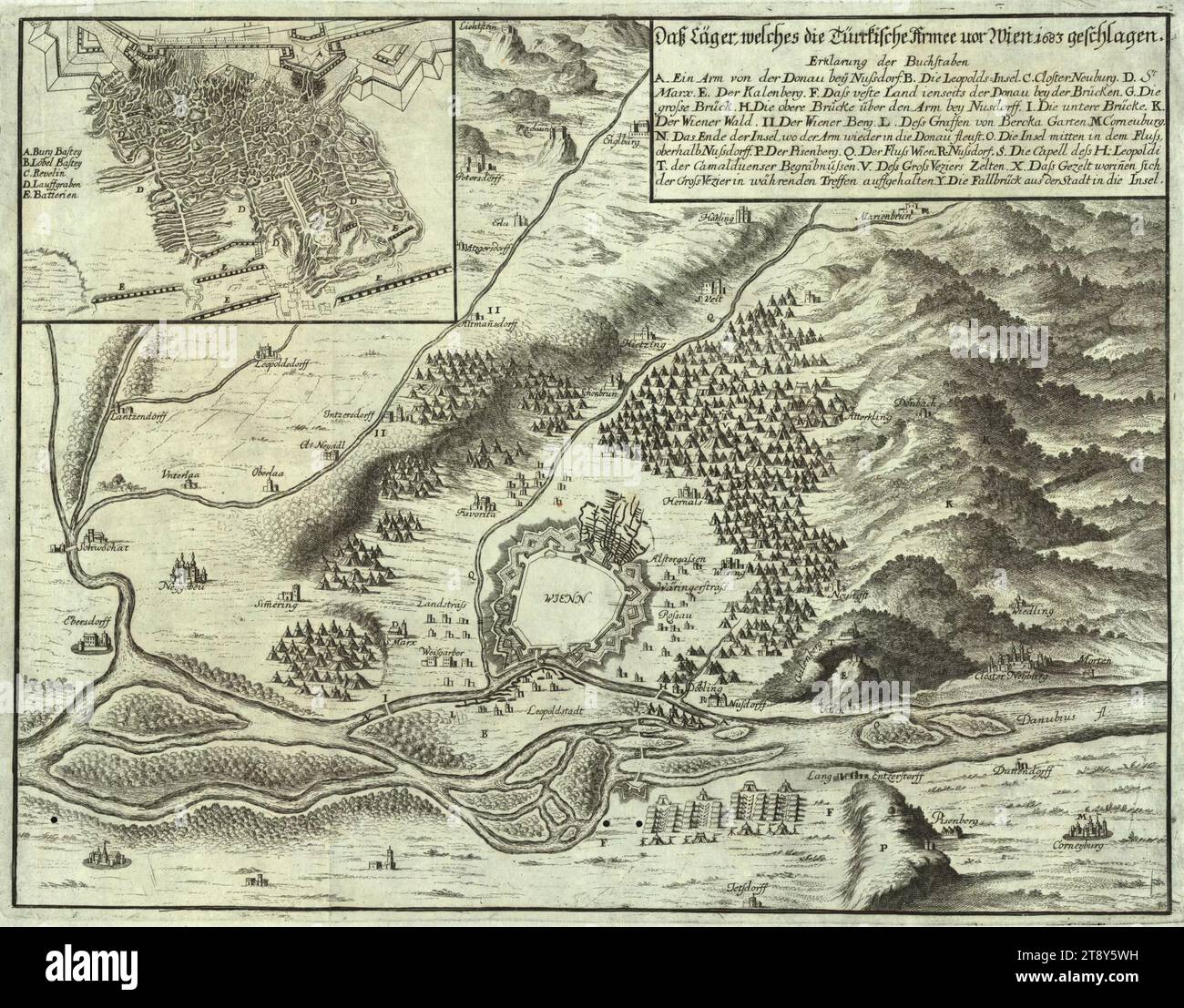 De 'Theatrum Europaeumm' (XII) : vue générale du camp turc et plan des tranchées turques devant Vienne 1683, Matthäus D.J. Merian (1621-1687), artiste, date après 1683, papier, gravure sur cuivre, hauteur 33, 1 cm, largeur 38, 5 cm, Siège ottoman de Vienne, Guerre et événements de guerre, militaire, champs de bataille, plan de bataille, camp (militaire) avec tentes, la collection Vienne Banque D'Images