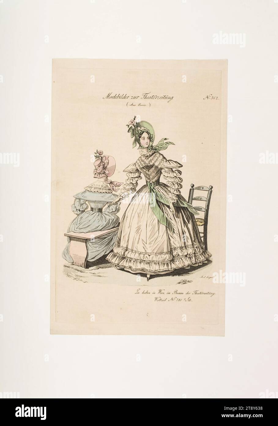 Photo de mode : deux figures, mode féminine, Inconnu, 1836, papier, colorisé, gravure sur cuivre, hauteur 23, 4 cm, largeur 14, 9 cm, taille de plaque 21, 5×13, 9 cm, mode, bourgeoisie, assiettes de mode, casque, femme, robe, robe, la collection Vienne Banque D'Images