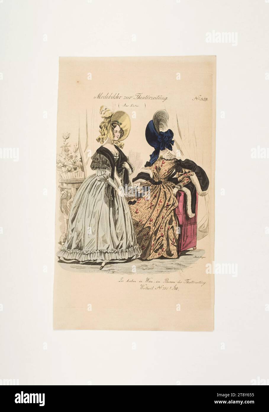 Photo de mode : deux figures, mode féminine, Inconnu, 1837, papier, colorisé, gravure sur cuivre, hauteur 24, 1 cm, largeur 14, 2 cm, taille de plaque 20, 7×13, 9 cm, mode, bourgeoisie, assiettes de mode, casque, femme, robe, robe, la collection Vienne Banque D'Images