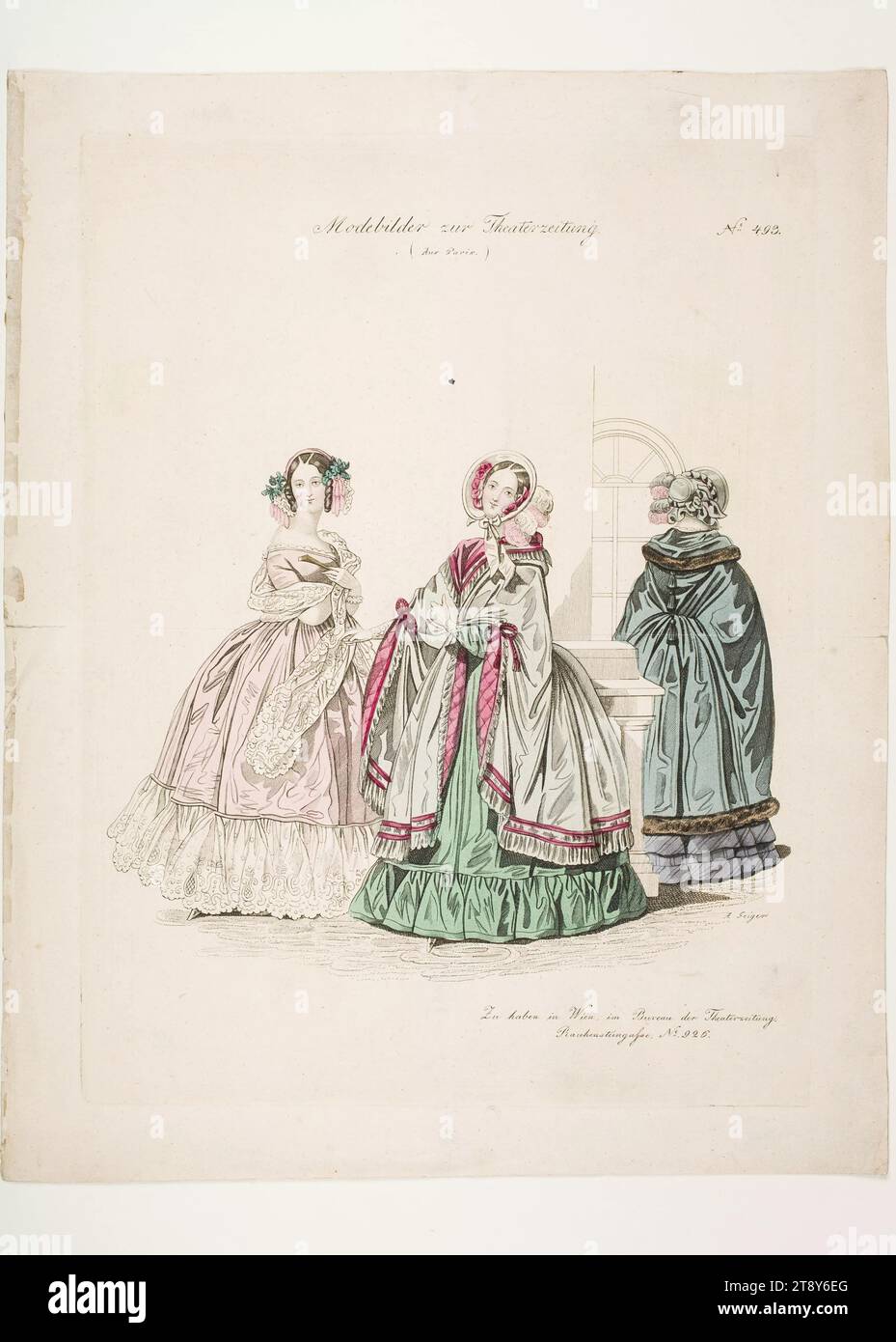 Photo de mode : deux figures, boule féminine et mode de rue, Inconnu, 1840, papier, colorisé, gravure sur cuivre, hauteur 29, 6 cm, largeur 23, 8 cm, assiette taille 26, 1×19, 7 cm, mode, bourgeoisie, danse, fêtes publiques et célébrations, costumes, vie nocturne, assiettes de mode, manteau, casque, robe, robe : robe de bal, femme, robe, robe, la collection Vienne Banque D'Images