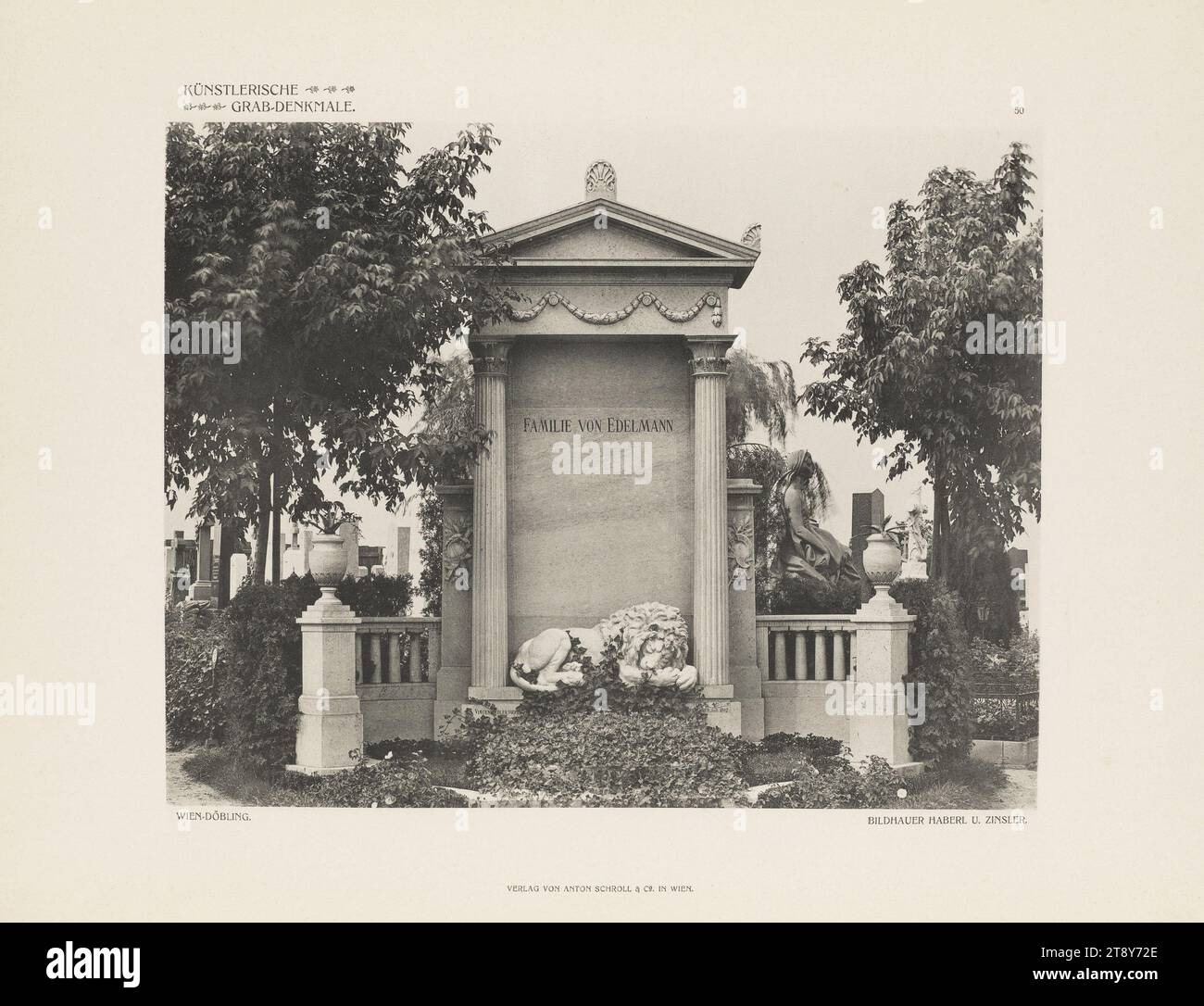 Cimetière Döbling, monument funéraire famille von Edelmann, sculpteurs Haberl & Zinsler (fiche no. 50 depuis : les monuments funéraires artistiques. Architecture moderne & sculpture de cimetières et églises en Autriche-Hongrie, série 2, Anton Schroll & Co., Vienne), Anton Schroll & Co., maison d'édition, date vers 1910, paperboard, Collotype, taille de feuille 31×41 cm, Beaux-Arts, maladie et mort, 19e arrondissement : Döbling, tombe, tombeau monumental, sculpture, tombe, tombe, la collection de Vienne Banque D'Images