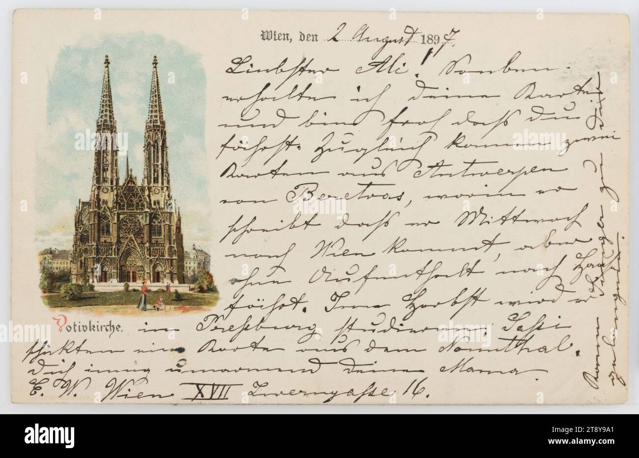 9e, Rooseveltplatz - Votivkirche, carte postale, Schwanhäusser, producteur, 1897, carton enduit, lithographie de couleur, inscription, DE, Vienna, TO, Golling, ADRESSE, Wohlgeboren Herr -, Golling, BEI Salzburg, poste restante, NACHRICHT, août 2, 1897, très cher Ali!, je viens de recevoir votre carte et je suis heureux que vous partiez. Dans le même temps, deux cartes arrivent d'Anvers de [Benetras?], dans lesquelles il écrit qu'il vient à Vienne mercredi, mais rentre chez lui sans rester. À l'automne, il étudiera à Bratislava, [Saßi?] Envoyé une carte du Nonnthal Banque D'Images