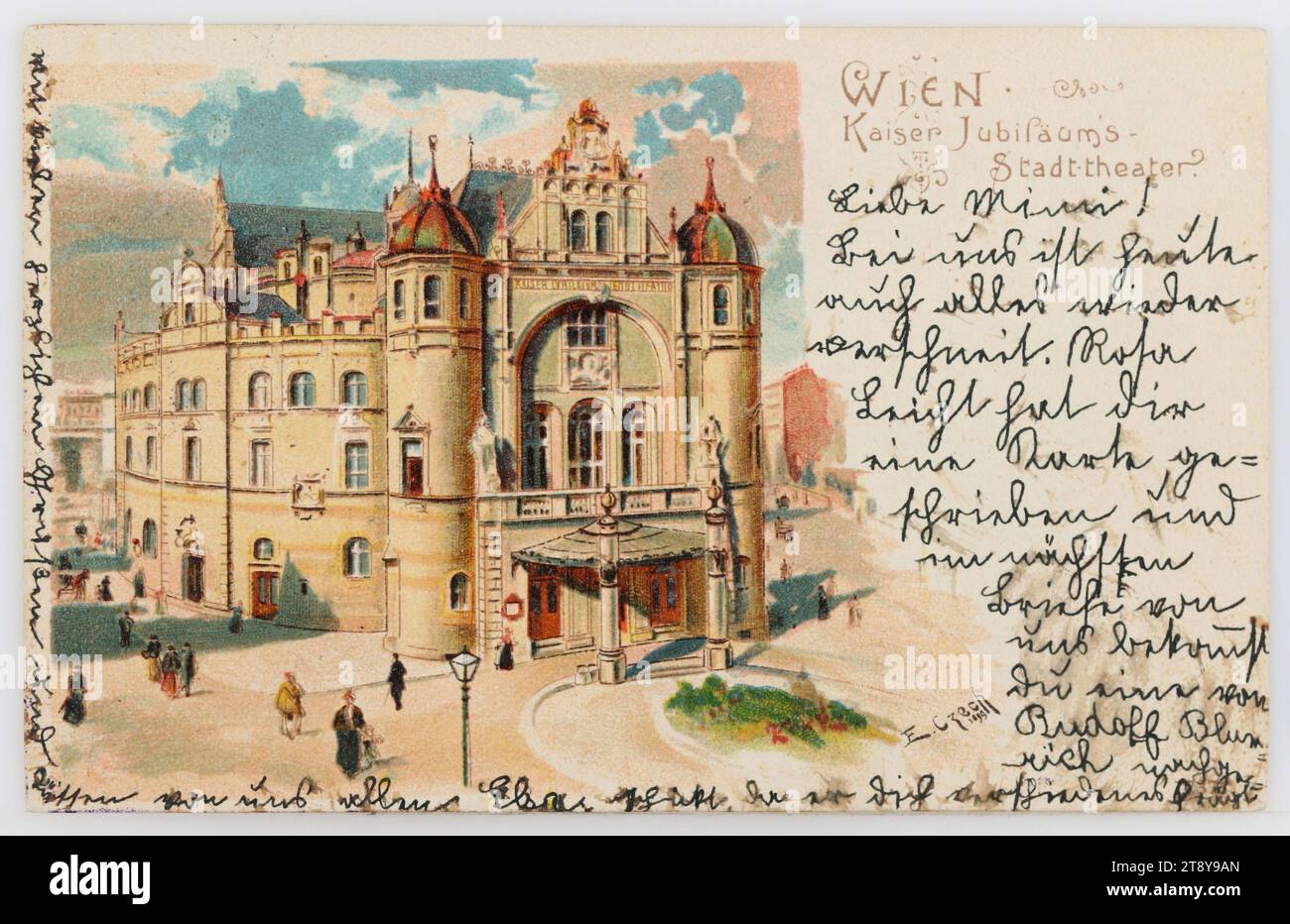 9th, Währinger Straße 78 - Volksoper, carte postale, inconnu, éditeur, 1900, carton, lithographie couleur, inscription, DE, Vienne, TO, Gries - Bozen, ADRESSE, à Hochwohlgeboren Fräulein, à Gries-Bozen Hôtel, mon séjour Südtirol, MESSAGE, Chère Mimi!, avec nous aujourd'hui tout est aussi neigé à nouveau. Rosa Leicht vous a écrit une carte et dans la prochaine lettre de nous, vous recevrez une de Rudolf Blumrich, parce qu'il vous demande diverses choses, avec beaucoup de salutations chaleureuses et des baisers de nous tous Elsa, musique, Théâtre, médias et communication, cartes postales avec translittération Banque D'Images