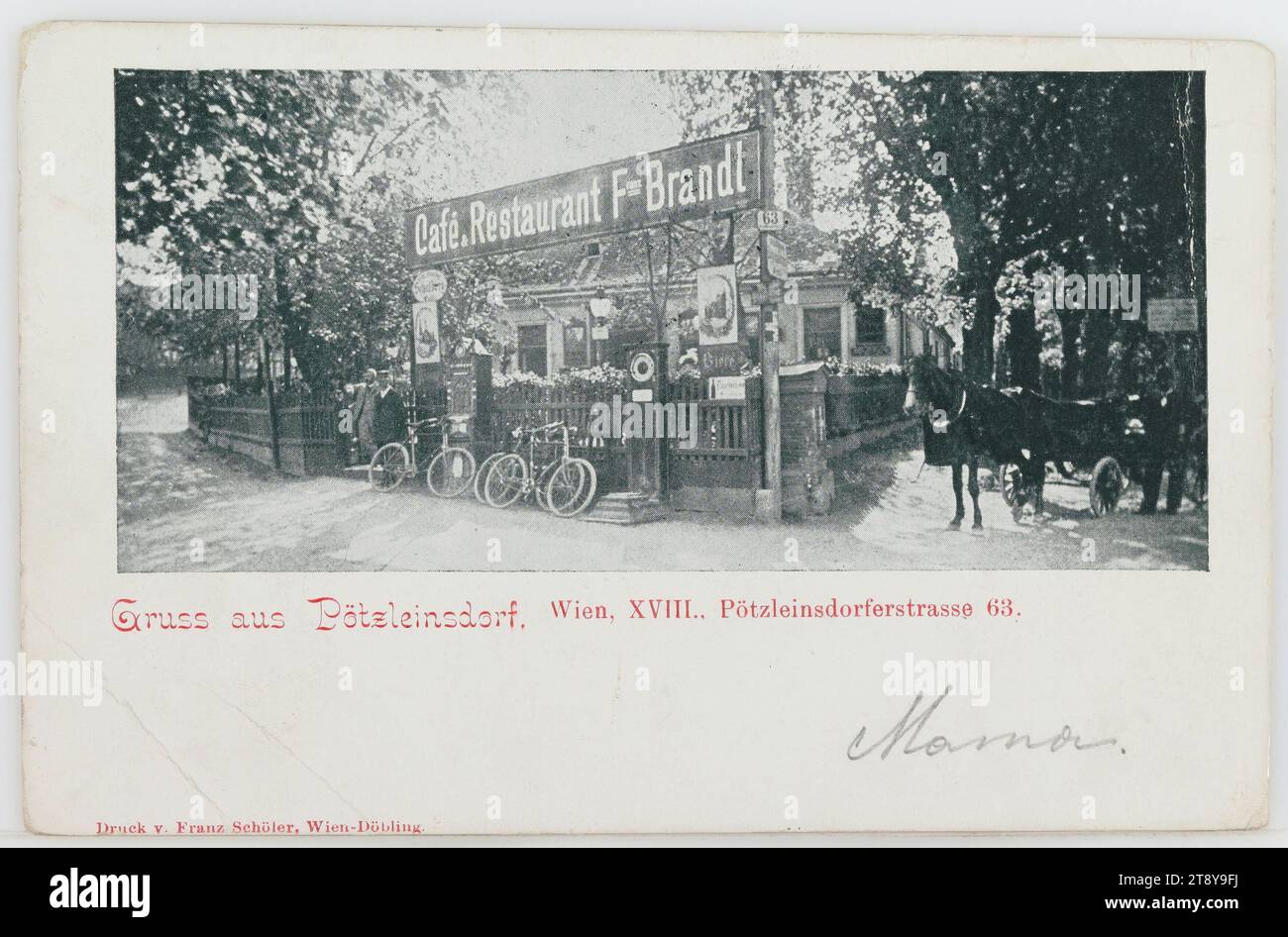 18e, Pötzleinsdorf - Pötzleinsdorfer Straße 63 - 'café & Restaurant F. Brandll', carte postale, Franz Schöler († 1911), producteur, 1898, carton couché, impression demi-teinte, hôtellerie et restauration, 18e arrondissement : Währing, avec des personnes, véhicule à quatre roues tiré par des animaux, ex : Droschke, calèche, autocar, vélo, Pötzleinsdorf, Pötzleinsdorfer Strasse., The Vienna Collection Banque D'Images