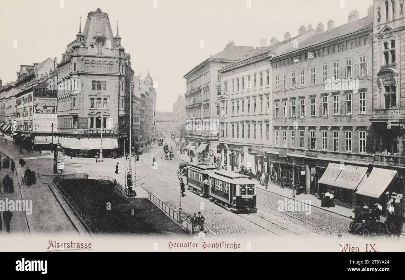 9e, Alser Straße traversant Kinderspitalgasse, vue vers Gürtel, carte postale, P. Leclerc, maison d'édition, date vers 1910, carton, Collotype, hauteur×largeur 9×14 cm, transport en commun, circulation et transports, 9e arrondissement : Alsergrund, rue, la maison ou rangée habituelle de maisons, immeuble, immeuble d'appartements, maison combinée avec magasin, chemin de fer, tramway ; chemin de fer à crémaillère, avec des personnes, la collection Vienne Banque D'Images