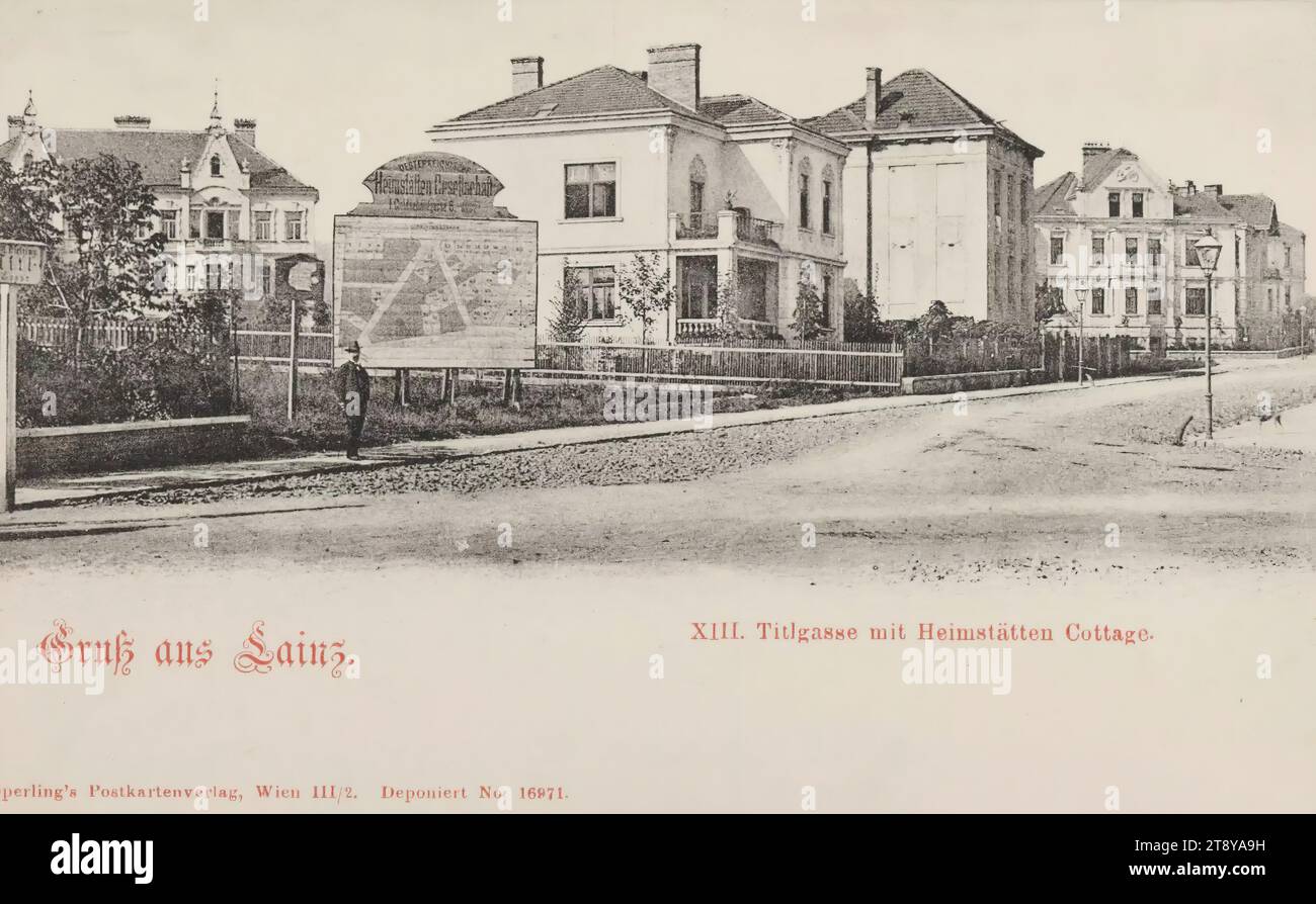 13e, Lainz - Titlgasse - avec maison familiale et planche à découper, carte postale, Sperlings Postkartenverlag (M. M. S.), Producteur, 1900-1905, carton, collotype, hauteur×largeur 9×14 cm, 13e arrondissement : Hietzing, villa, avec des gens, affiche, la collection Vienne Banque D'Images