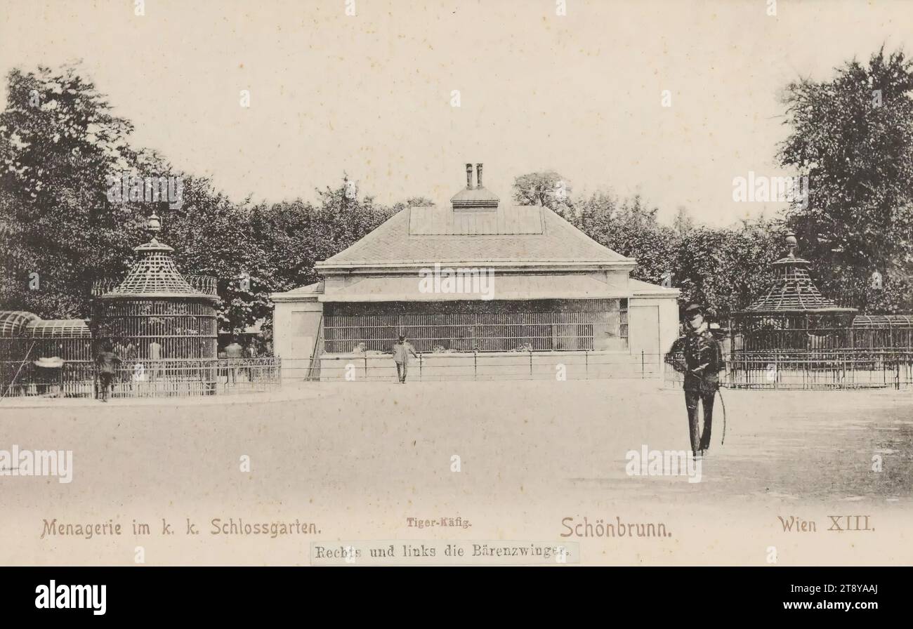 13e, Zoo de Schönbrunn - Ménagerie - cage à tigres et chenil à ours, carte postale, P. Leclerc, maison d'édition, Date avant 1905, carton, Collotype, hauteur×largeur 9×14 cm, attractions, Habsbourg, parc, animaux, 13e arrondissement : Hietzing, jardins publics, parc, zoo (comme lieu de loisirs), avec les gens, la collection de Vienne Banque D'Images