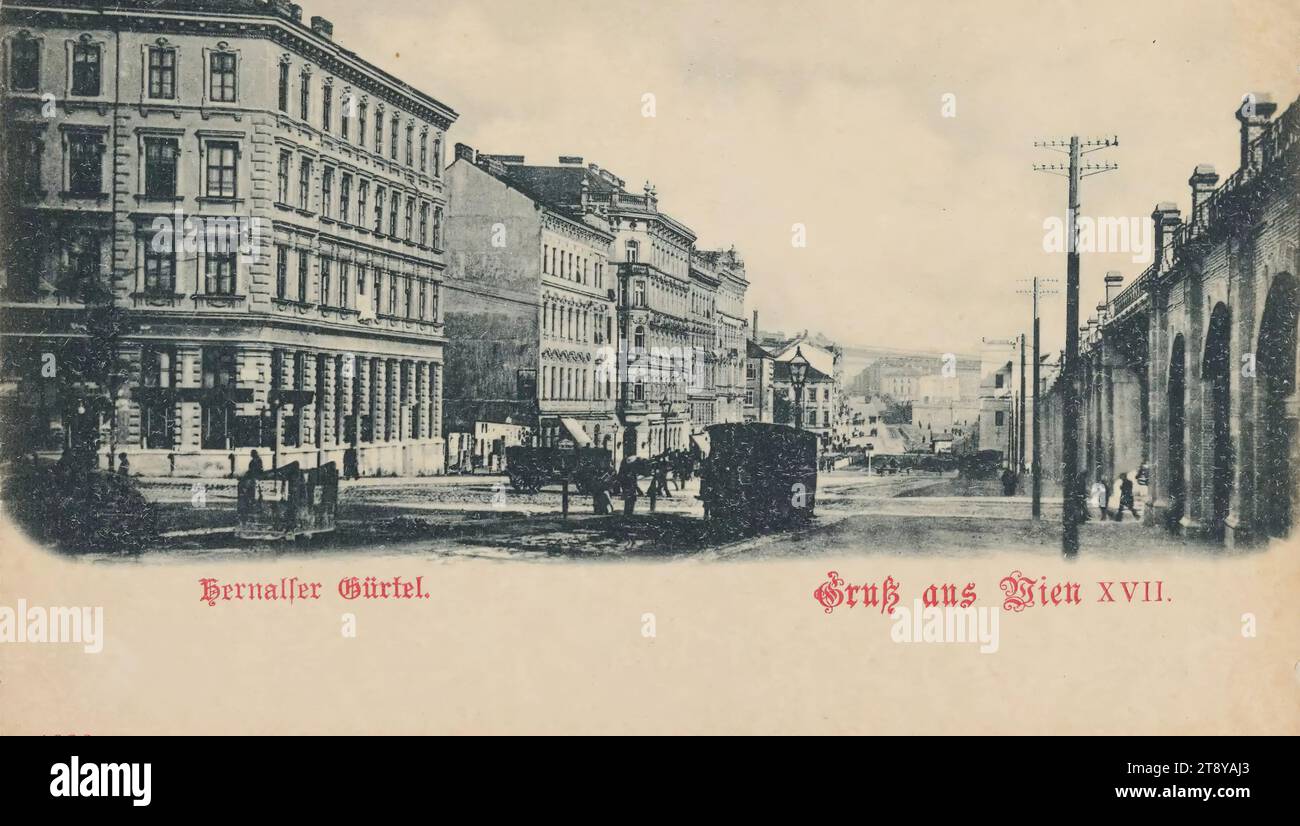 17e, Hernalser Gürtel - avec arches de chemin de fer de ville, carte postale, Carl (Karl) Ledermann Jr, fabricant, date vers 1898, carton, collotype, hauteur×largeur 9×14 cm, transports en commun, chemin de fer urbain, circulation et transports, 17e arrondissement : Hernals, rue, la maison habituelle ou rangée de maisons, faible hauteur, logement, maison combinée avec magasin, avec les gens, la collection de Vienne Banque D'Images