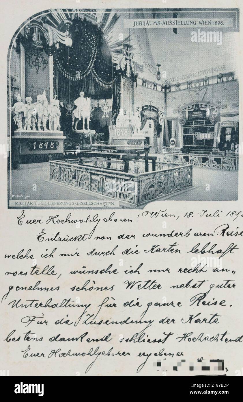 Jubilee Exhibition Vienna 1898, 1898, carton couché, impression demi-teinte, hauteur×largeur 14×9 cm, inscription, DE, Vienne, À, Christiania [Oslo, anm], ADRESSE, Hochwohlgeboren Herr Beyers's Reisebureau, Christiania, Norvège, MESSAGE, Vienne, 18 juillet 1898, Eer Hochwohlgeboren!., enchanté par le merveilleux voyage que j'imagine vivement à travers les cartes, je ne souhaite qu'un temps très agréable ainsi qu'un bon divertissement pour tout le voyage..., vous remerciant beaucoup de m'avoir envoyé la carte, votre haute vénération se ferme, Prater, Expositions, médias et communication Banque D'Images