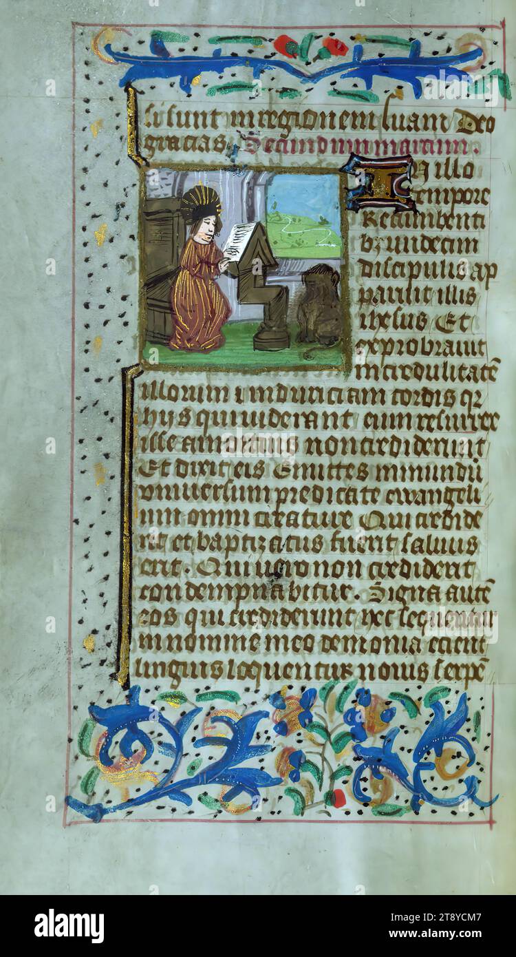 Livre des heures (utilisation de Rome), St. Mark Writing, ce livre d'heures flamand de poche a été créé à Bruges entre 1460 et 1470. Un lourd contingent de saints des pays-Bas du Sud dans la litanie aide à localiser sa production. Bien que de petite taille, il est remarquable pour son abondance d'illuminations, près de trente existantes, par des artistes travaillant dans le style de l'illuminateur flamand prolifique du milieu du XVe siècle Willem Vrelant. Trois artistes ont travaillé sur ce livre Banque D'Images
