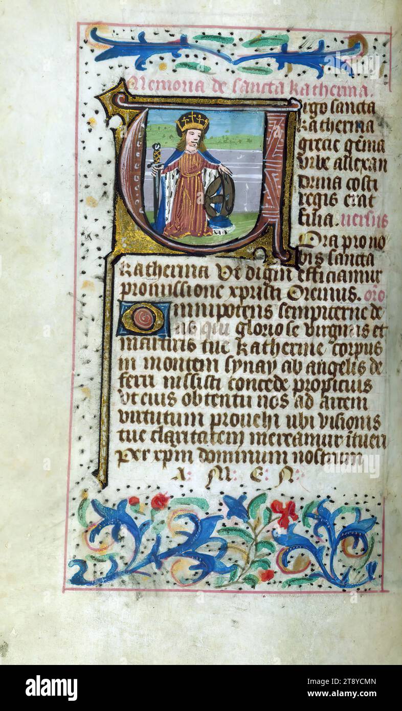 Livre des heures (utilisation de Rome), St. Catherine, ce livre d'heures flamand de poche a été créé à Bruges entre 1460 et 1470. Un lourd contingent de saints des pays-Bas du Sud dans la litanie aide à localiser sa production. Bien que de petite taille, il est remarquable pour son abondance d'illuminations, près de trente existantes, par des artistes travaillant dans le style de l'illuminateur flamand prolifique du milieu du XVe siècle Willem Vrelant. Trois artistes ont travaillé sur ce livre Banque D'Images