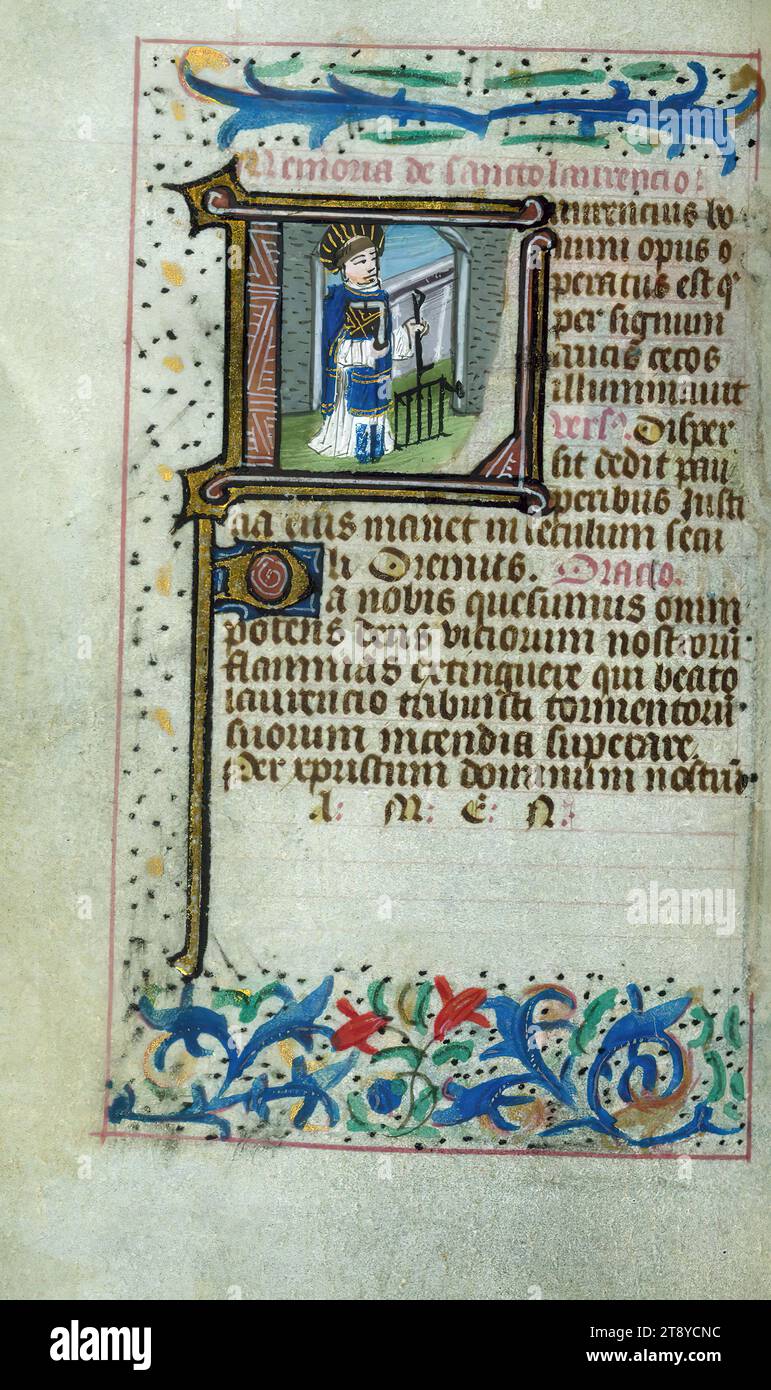 Livre des heures (utilisation de Rome), St. Lawrence, ce livre d'heures flamand de poche a été créé à Bruges entre 1460 et 1470. Un lourd contingent de saints des pays-Bas du Sud dans la litanie aide à localiser sa production. Bien que de petite taille, il est remarquable pour son abondance d'illuminations, près de trente existantes, par des artistes travaillant dans le style de l'illuminateur flamand prolifique du milieu du XVe siècle Willem Vrelant. Trois artistes ont travaillé sur ce livre Banque D'Images