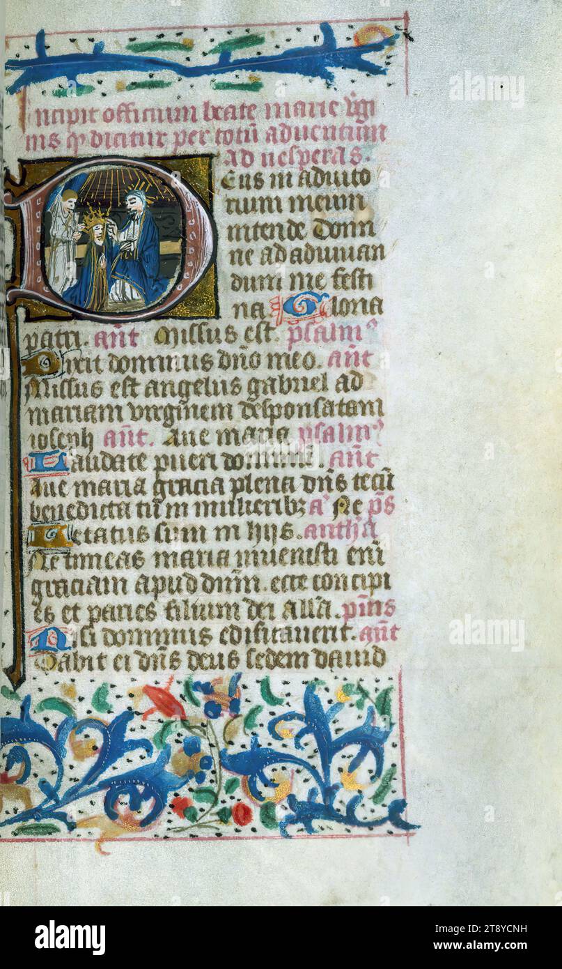 Livre d'heures (usage de Rome), Couronnement de la Vierge par un ange devant Dieu-Père, ce Livre d'heures flamand de poche a été créé à Bruges entre 1460 et 1470. Un lourd contingent de saints des pays-Bas du Sud dans la litanie aide à localiser sa production. Bien que de petite taille, il est remarquable pour son abondance d'illuminations, près de trente existantes, par des artistes travaillant dans le style de l'illuminateur flamand prolifique du milieu du XVe siècle Willem Vrelant. Trois artistes ont travaillé sur ce livre Banque D'Images