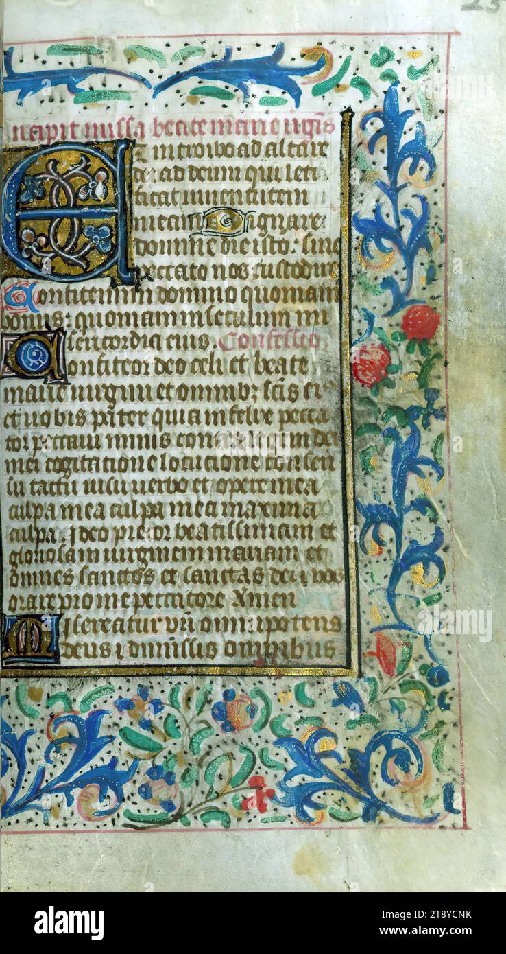 Livre d'heures (utilisation de Rome), initial, ce livre d'heures flamand de poche a été créé à Bruges entre 1460 et 1470. Un lourd contingent de saints des pays-Bas du Sud dans la litanie aide à localiser sa production. Bien que de petite taille, il est remarquable pour son abondance d'illuminations, près de trente existantes, par des artistes travaillant dans le style de l'illuminateur flamand prolifique du milieu du XVe siècle Willem Vrelant. Trois artistes ont travaillé sur ce livre Banque D'Images