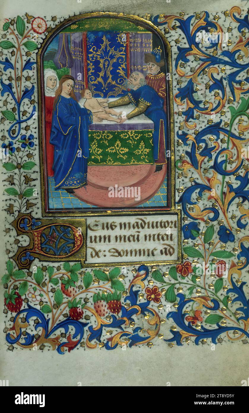 Livre des heures, Présentation dans le Temple, ce livre des heures flamand a été produit entre 1470 et 1480, probablement en Flandre occidentale ou dans le nord de la France, et probablement pour un patron ecclésiastique. Le nombre important de saints dans le calendrier affiliés au diocèse de Thérouanne, et plus largement au nord-ouest de la Flandre, peut indiquer la région de production Banque D'Images