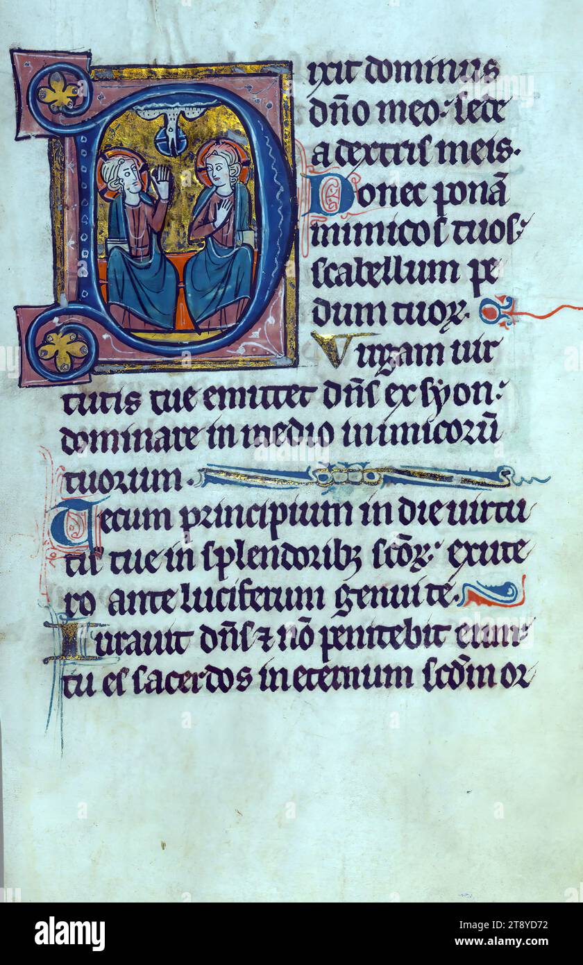Psautier avec litanies ajoutées, initial 'd' avec Trinité, ce psautier a été créé dans le nord-est de la France, une région considérée comme la Flandre à l'époque, au cours du troisième quart du XIIIe siècle. On sait peu de choses de sa provenance précoce, bien que sa série d'initiales historiées ait été comparée à celles créées dans les ateliers Mathurin et Venceslas de Paris. Deux litanies différentes pour l'usage de Troyes ont été ajoutées au XVIe siècle, ce qui suggère qu'il était possédé dans cette région à cette époque Banque D'Images
