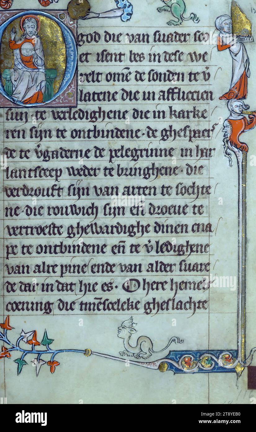 Livre d'heures, Christ intronisé ; marge supérieure : la main de Dieu berce cercle d'or, ce Livre d'heures a été achevé en 1320-30 dans la région de Gand. La présence des heures de la Croix attribuées au pape Jean (XXII, 1316-1334) est un élément de preuve pour dater le manuscrit Banque D'Images
