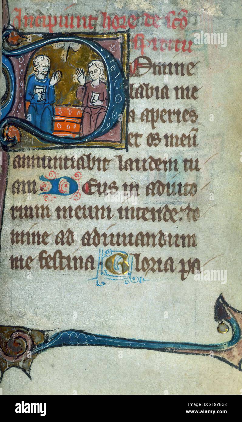 Livre d'heures, initial 'd' avec la Trinité, ce petit Livre d'heures précoce date de la fin du XIIIe siècle, et a été créé pour être utilisé à Arras et est resté dans cette région pendant la majeure partie de son existence. Bien que la majorité du livre soit écrit en latin, le calendrier est en vieux français. Le manuscrit contient un cycle préfectoral de six miniatures passion, ainsi que sept initiales historiées en pleine page Banque D'Images