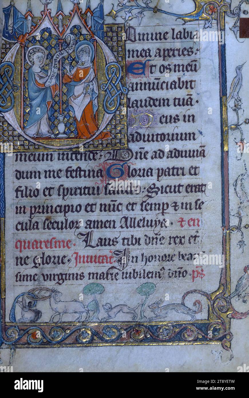 Livre d'heures, Annonciation, ce livre d'heures a été achevé en 1320-30 dans la région de Gand. La présence des heures de la Croix attribuées au pape Jean (XXII, 1316-1334) est un élément de preuve pour dater le manuscrit Banque D'Images