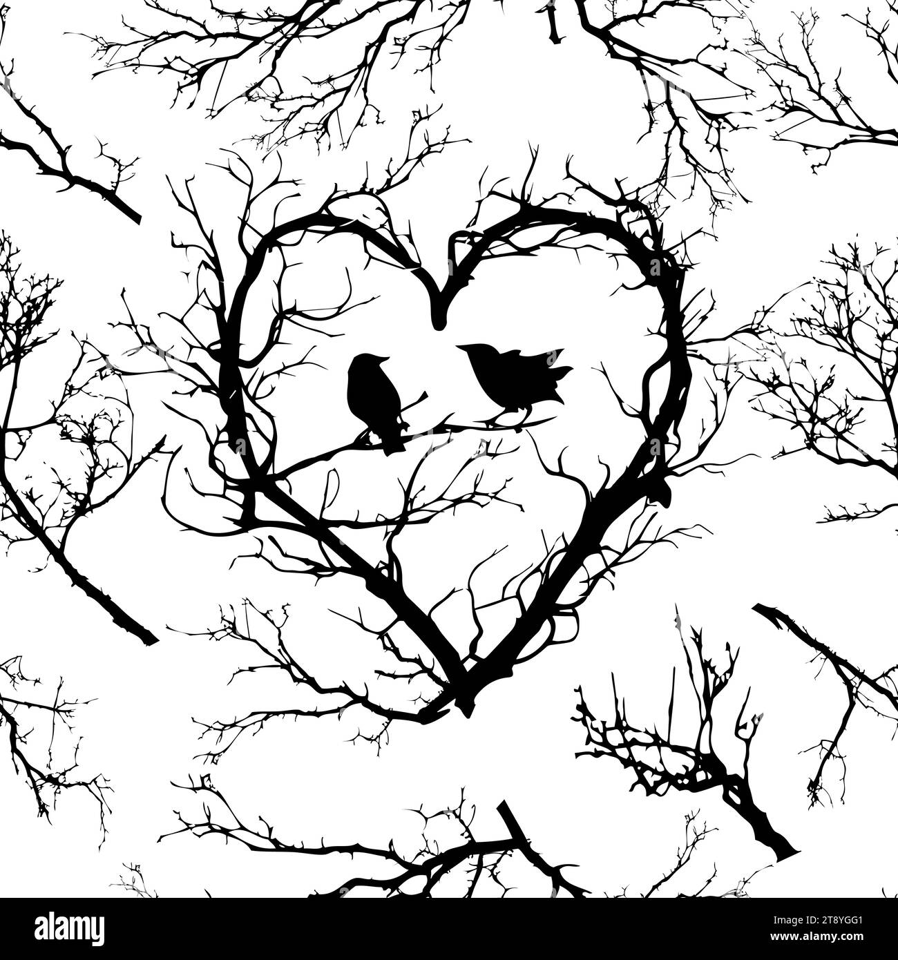 Aimer l'arbre d'oiseau fond sans couture. dessin à la main. Pas IA. Bonne Saint Valentin. Illustration vectorielle. Illustration de Vecteur