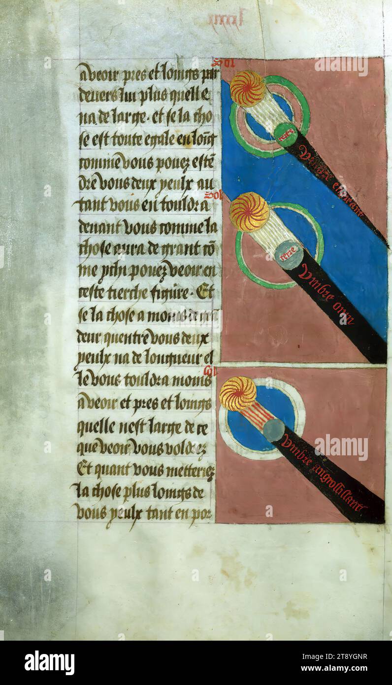 Gossouin de Metz, image du monde, le soleil, la lune et l'ombre de la terre, Chi déclaire commente le iour et la nuit vivante Banque D'Images