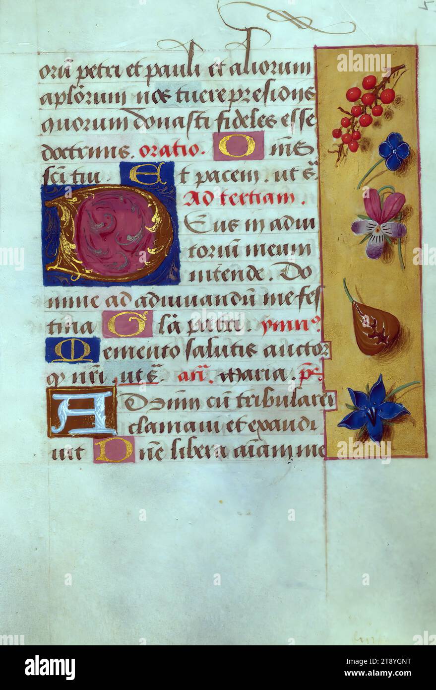 Folio 53r, réalisé au XVe siècle, et rebondissant un peu plus tard, la façon dont ce petit livre d’heures apparaît dans le présent pourrait ne pas être différente de la façon dont le spectateur du XVIe siècle le voyait. À cette époque, le précieux textile de velours rouge brodé de soie et d'argent, a été ajouté au manuscrit probablement en Belgique ou en Angleterre. Le livre a été réalisé en Flandre vers 1480-1490, et était probablement destiné à Cambrai, comme l'indique la sélection des saints dans le calendrier Banque D'Images