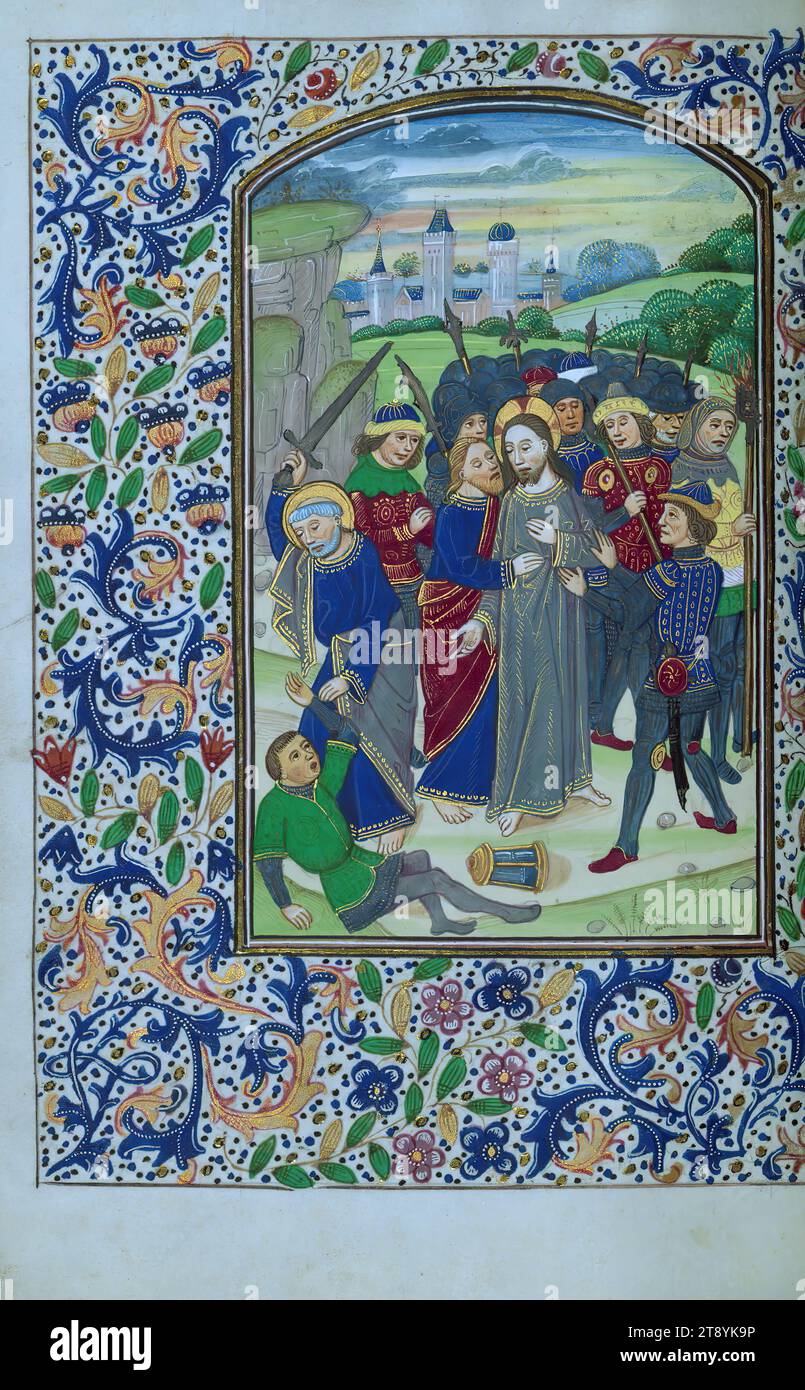 Livre d'heures, trahison et arrestation, illuminé dans le style de Willem Vrelant, ce livre d'heures a été achevé pour une utilisation à Rome ca. 1470. Le manuscrit contient un calendrier en français destiné au diocèse de Bayeux qui a été ajouté à la fin du XVe siècle, avec des miniatures de bordure peintes à Rouen. Prières à Saint Grégoire ainsi que le grand nombre de saintes féminines incluses dans la litanie indiquent que le propriétaire original était une femme. Les heures de la Vierge sont illuminées d'images de la passion du Christ Banque D'Images