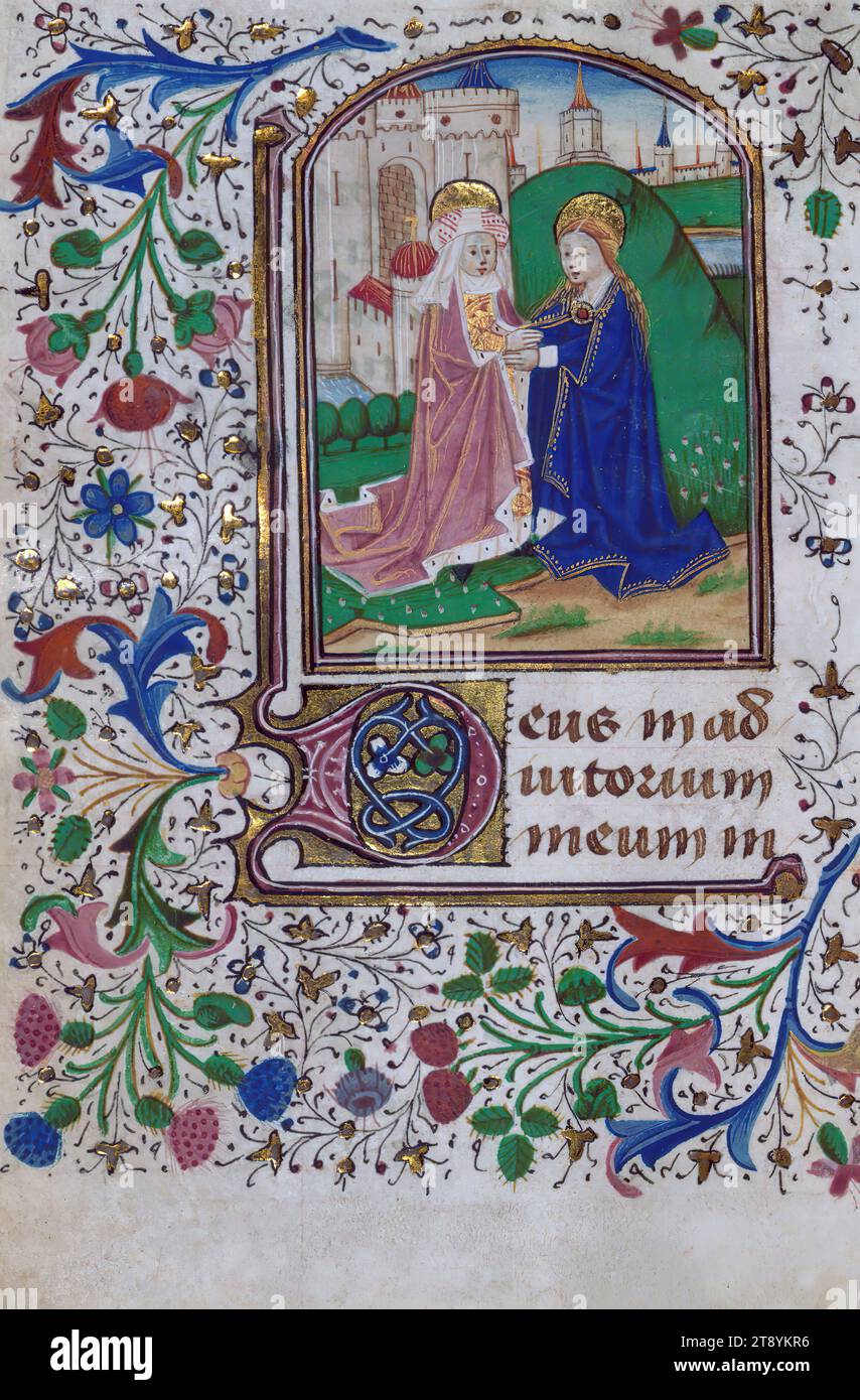 Livre d'heures, Visitation, ce livre d'heures richement illuminé a été produit ca. 1460 à Bruges par un artiste du cercle de Willem Vrelant, dont le travail a été influencé par les maîtres des rouleaux d'Or et le maître des yeux Beady. Les allusions à l'ordre des Franciscains et des Augustins dans la litanie et le calendrier, et la représentation proéminente des saintes dans la miniature All Saints indiquent que le livre a été créé à l'origine pour une patronne, peut-être lié à l'un de ces ordres Banque D'Images